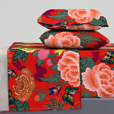Spoonflower Floral Chinoiserie Hand-drawn Roses And Chrysanthemums - Red Linen Large Queen Sheet Set