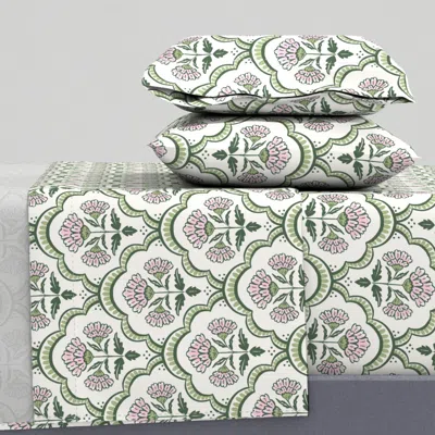 Spoonflower Floral Scallops - Green And Pink On Cream - Large King Sheet Set