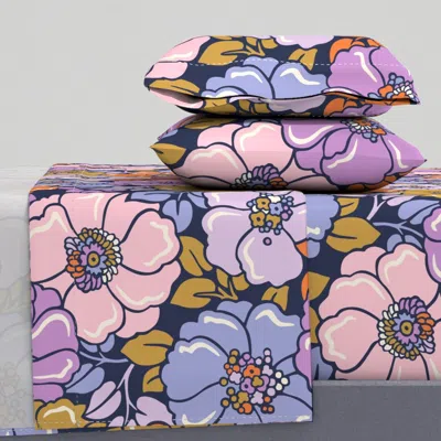 Spoonflower Flower Bloom - Large Scale - Pink + Purple + Mustard King Sheet Set