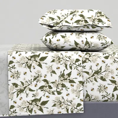 Spoonflower Flowers And Honey Bees - White Queen Sheet Set