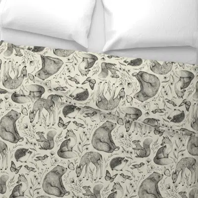 Spoonflower Forest Fauna Toile - Black On Taupe Wide Cotton Sateen 3.5 oz 26" X 20" Standard Knife Edge