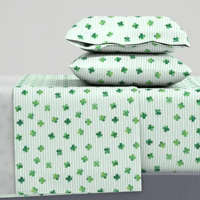 Spoonflower Four Leaf Clover - Shamrocks - St Patricks Day - Good Luck Mint Stripes Queen Sheet Set