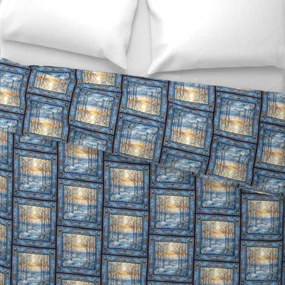 Spoonflower Framed Winter Forest Sunrise Half-drop Panel King Pillow Sham In Blue