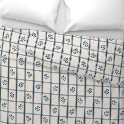 Spoonflower French Kitchen Plaid Floral - Blue Wide Cotton Sateen 3.5 oz 26" X 20" Standard Knife Edge