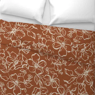 Spoonflower Frida - Linear Inky Japandi Floral - Tan Wide Cotton Sateen 3.5 oz 26" X 20" Standard Knife Edge