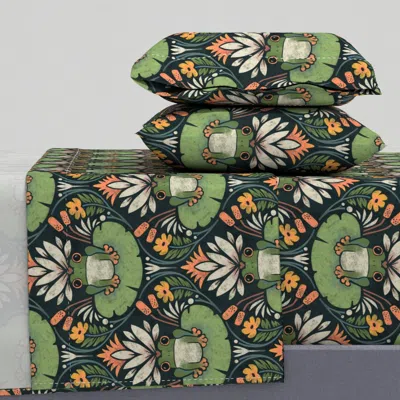 Spoonflower Frog And Lotus In Green And Navy Medium Scale Full Sheet Set