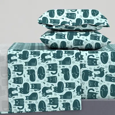 Spoonflower Fun Whimsical Cats In Shades Of Dark Green And Teal Blue Medium Cats Are 2 King Sheet Se