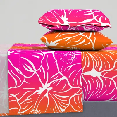 Spoonflower Fuscia Orange Hibiscus And White Line Queen Sheet Set