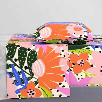 Spoonflower Garden Retreat L / Bright Modern Flowers / Vibrant Pink Red Blue Green Twin Sheet Set