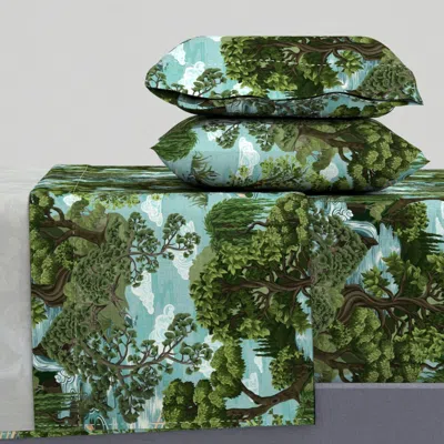 Spoonflower Garden Tapestry - Verdant Woodland Trees And Waterfall Scenic Landscape Queen Sheet Set In Green