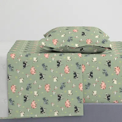 Spoonflower Gentle Farm Animals On Green Linen - Smaller Scale Twin Sheet Set