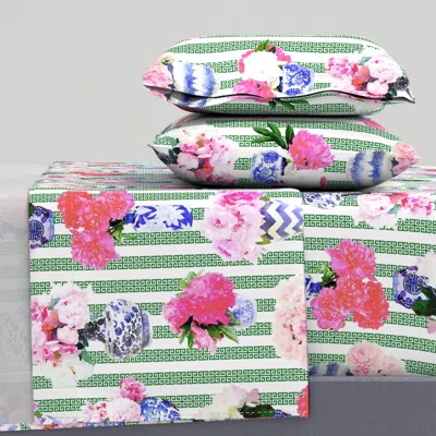 Spoonflower Ginger Jar Peony With Green Greek Key Stripe King Sheet Set