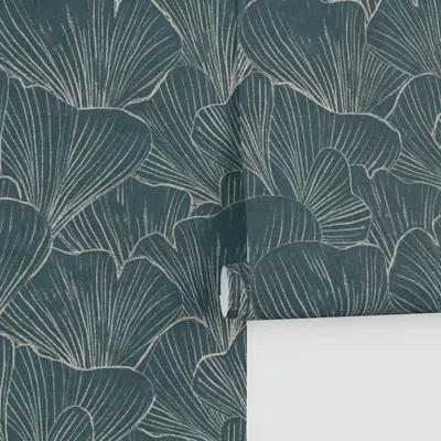 Spoonflower Gingko Leaf Japandi Glam Walls Plaster Texture Minimalist Modern Teal Blue Performance 2' X 12'
