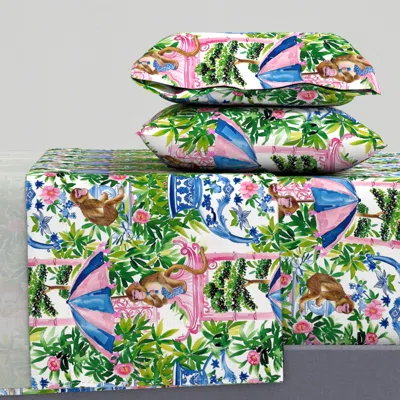 Spoonflower Grandmillennial Style Monkeys In Chinoiserie Garden King Sheet Set