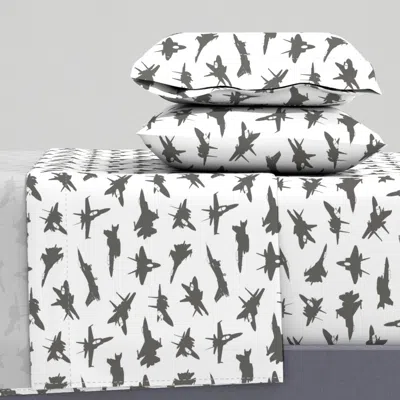 Spoonflower Grey Fighter Jets // Large Queen Sheet Set