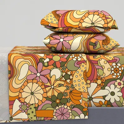 Spoonflower Groovy Mushroom Garden In Rusty Orange - Custom Colorway Queen Sheet Set