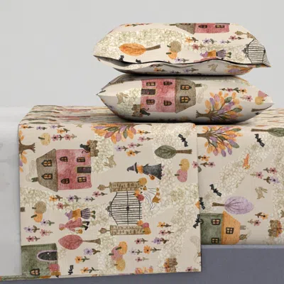 Spoonflower Halloween Cottagecore Stroll Cream Linen Trick Or Treat Fall Landscape King Sheet Set