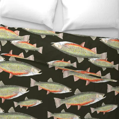 Spoonflower Hand Drawn Brook Trout On Dark Green Wide Cotton Sateen 3.5 oz 26" X 20" Standard Knife Edge