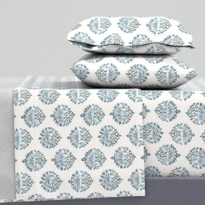 Spoonflower Handblock Medallion 6 Blue On Whitney White Queen Sheet Set