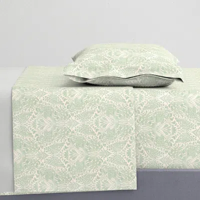 Spoonflower Hand-drawn Damask Botanical Butterfly Ogee In Mint Green And Ivory (large) Twin Sheet Se