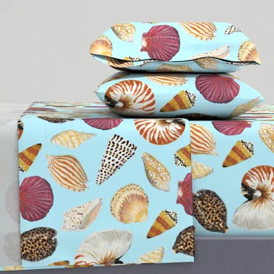 Spoonflower Hand-painted Sea Shells - Light Blue Queen Sheet Set