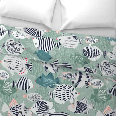 Spoonflower Happy Fishes In The Coral Reef Mint - L King Pillow Sham