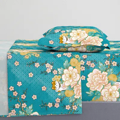 Spoonflower Happy Neko Blooms (lagoon) 24" // Japanese Lucky Cat Twin Xl Sheet Set