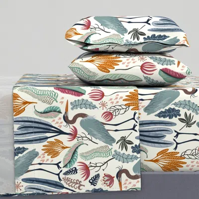 Spoonflower Heron And Plants-lighter Bg-green Body - Medium King Sheet Set