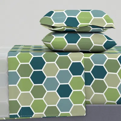 Spoonflower Hexagons - Green And Blue - Large King Sheet Set
