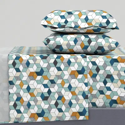 Spoonflower Hexo (blue) Med Rotated Queen Sheet Set