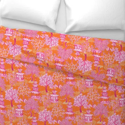 Spoonflower Hi Contrast Pink And Orange Pagoda Landscape Wide Cotton Sateen 3.5 oz 26" X 20" Standard Knife Edge