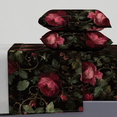 Spoonflower Highland Gothic Roses Dark Floral With Deep Red Blooms And Black Ground Queen Sheet Set