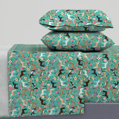 Spoonflower Horse Multi Coat Floral Horses Fabric Turq Queen Sheet Set