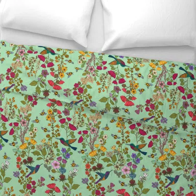 Spoonflower Hummingbirds And Bees Green 344 Wide Cotton Sateen 3.5 oz 26" X 20" Standard Knife Edge