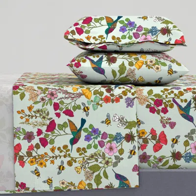 Spoonflower Hummingbirds And Bees Mint 621 Queen Sheet Set In Green