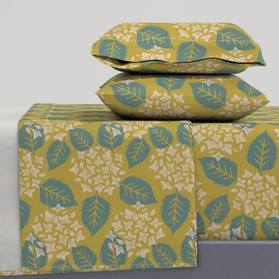 Spoonflower Hydrangea (teal + Gold) Queen Sheet Set