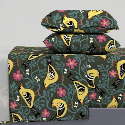 Spoonflower Iowa Eastern Goldfinch Wild Prairie Rose Moss Green Medium Queen Sheet Set