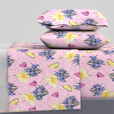 Spoonflower Iris And Daffodils In Spring On Pink Queen Sheet Set