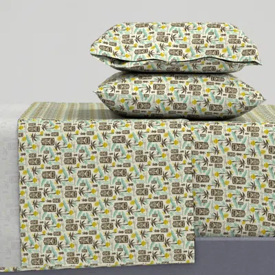 Spoonflower Island Tiki Mid Century Modern Retro Tropical Hawaiian - Beige Olive (s) King Sheet Set