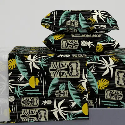 Spoonflower Island Tiki Mid Century Modern Retro Tropical Hawaiian - Black Olive (j) King Sheet Set