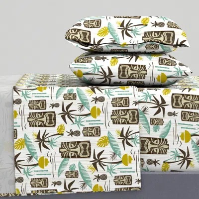 Spoonflower Island Tiki Mid Century Modern Retro Tropical Hawaiian - White Olive (l) Full Sheet Set