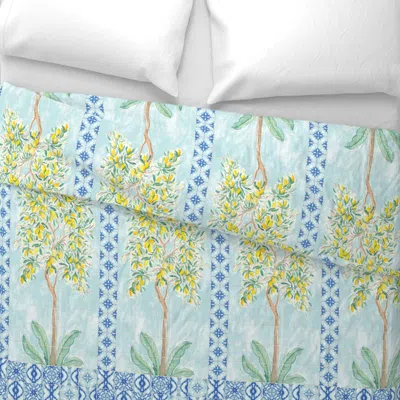 Spoonflower Italian Villa Watercolor Lemon Tree And Blue Tile Wide Cotton Sateen 3.5 oz 30" X 24" Standard Flang In Multi