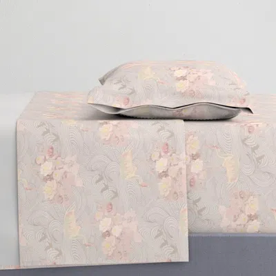 Spoonflower Japanese Crane In Lotus Pond Rose Pink And Beige Botanical Floral Med Twin Sheet Set