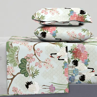 Spoonflower Japanese Garden Chantilly Green 24inch Repeat Queen Sheet Set