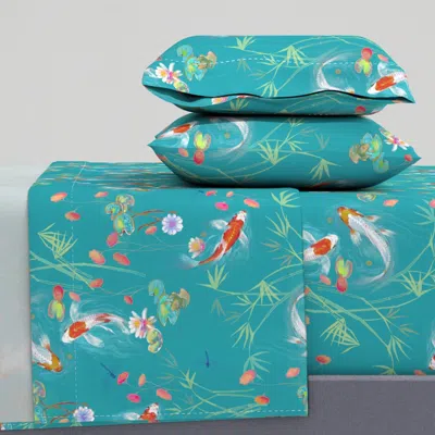 Spoonflower Japanese Water Garden With Koi - Teal King Sheet Set