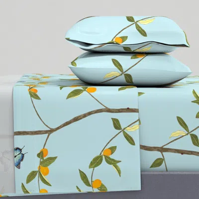 Spoonflower Jenny Kumquat On Light Blue Queen Sheet Set