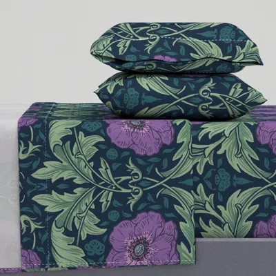 Spoonflower Jumbo - Anemone Victorian Floral Scrollwork In Dark Cool Greens And Purple Queen Sheet S