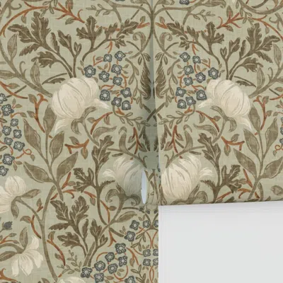 Spoonflower Jumbo Floral Ground Cover - Arts And Crafts - Sage Green Beige Blue - 24" Performance 2' X 12' In Brown