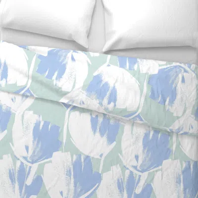 Spoonflower Jumbo Flowers Cornflower Blue On Seafoam Green Wide Cotton Sateen 3.5 oz 26" X 20" Standard Knife Ed