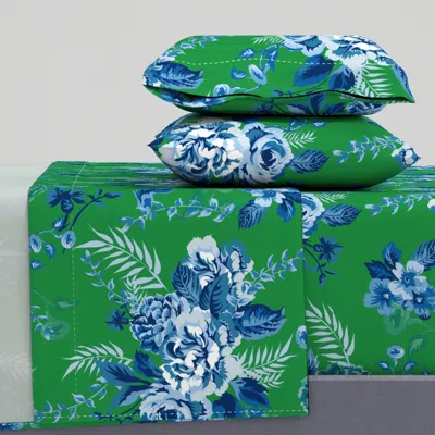 Spoonflower Jumbo Grandmillenial Roses Blue On Green - Regency Large Queen Sheet Set